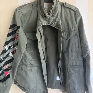 En Creme Utility Khaki Jean Jacket with Floral Embroidery